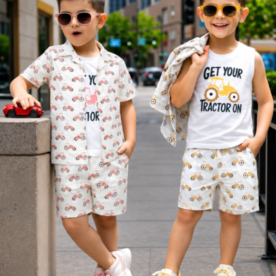 Boys Printed Cotton Shirt & Shorts Co-Ord Set