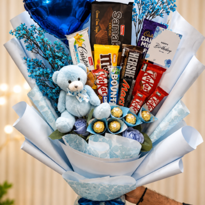 Blue Birthday Chocolate & Teddy Bear Luxury Bouquet
