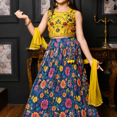 Floral Celebration Kids Yellow & Blue Lehenga Choli Set