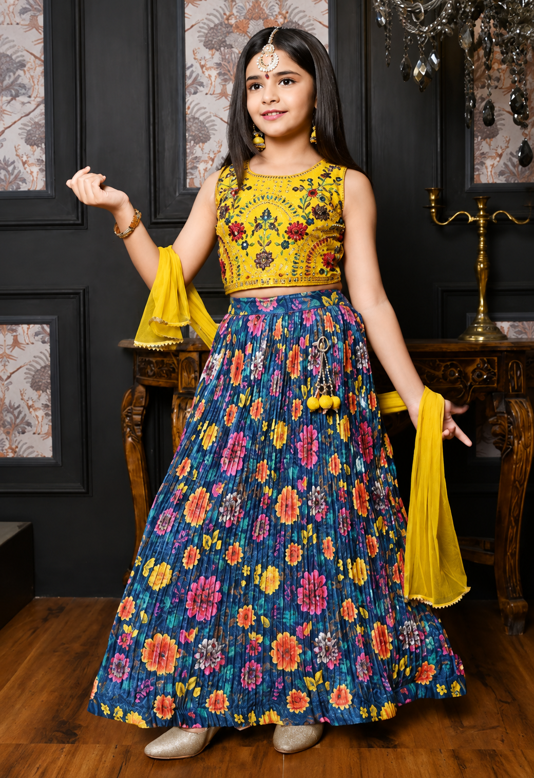 Floral Celebration Kids Yellow & Blue Lehenga Choli Set