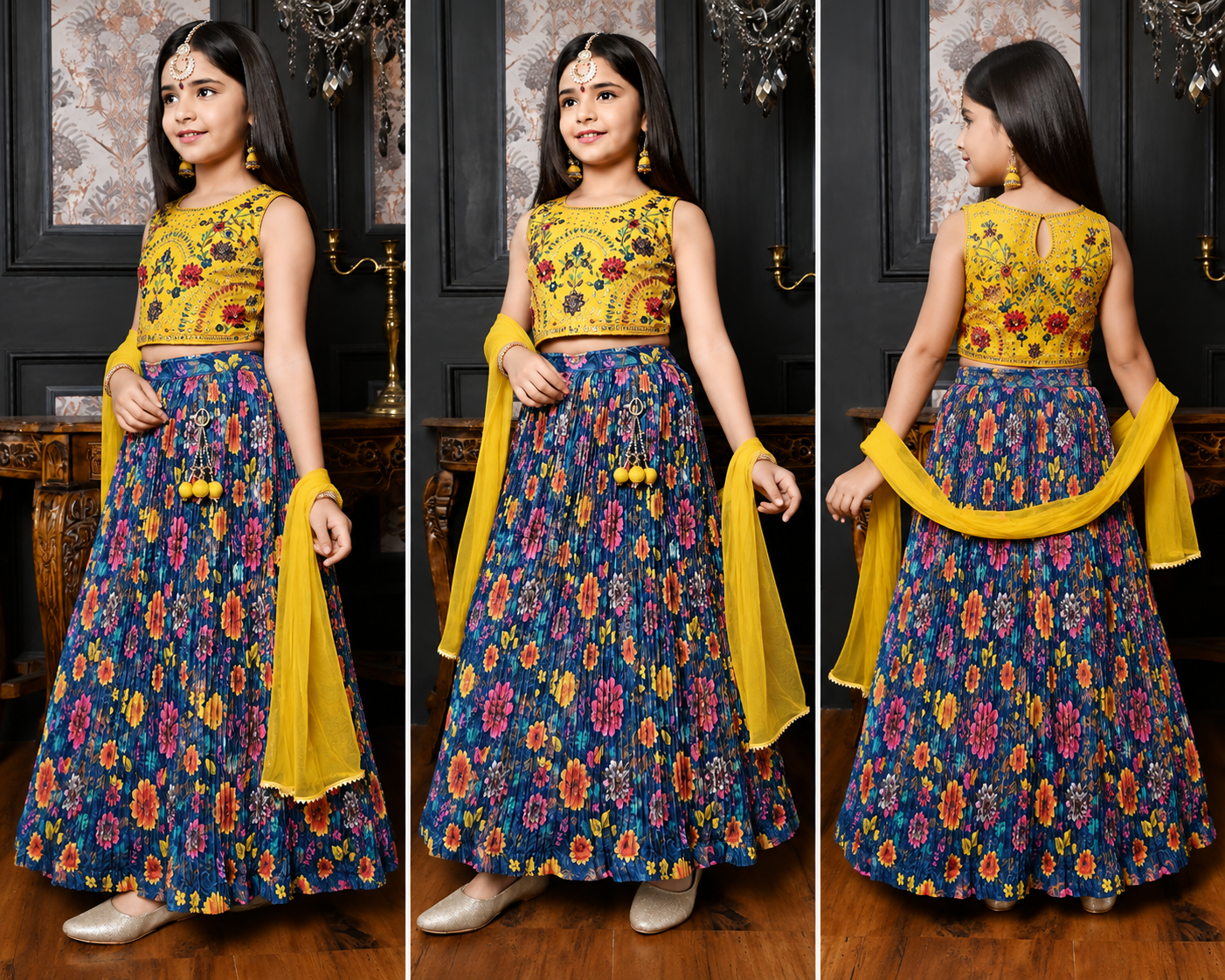 Floral Celebration Kids Yellow & Blue Lehenga Choli Set - Image 2