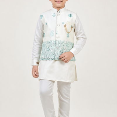 Royal Ivory & Mint Boys Kurta Pajama with Nehru Jacket