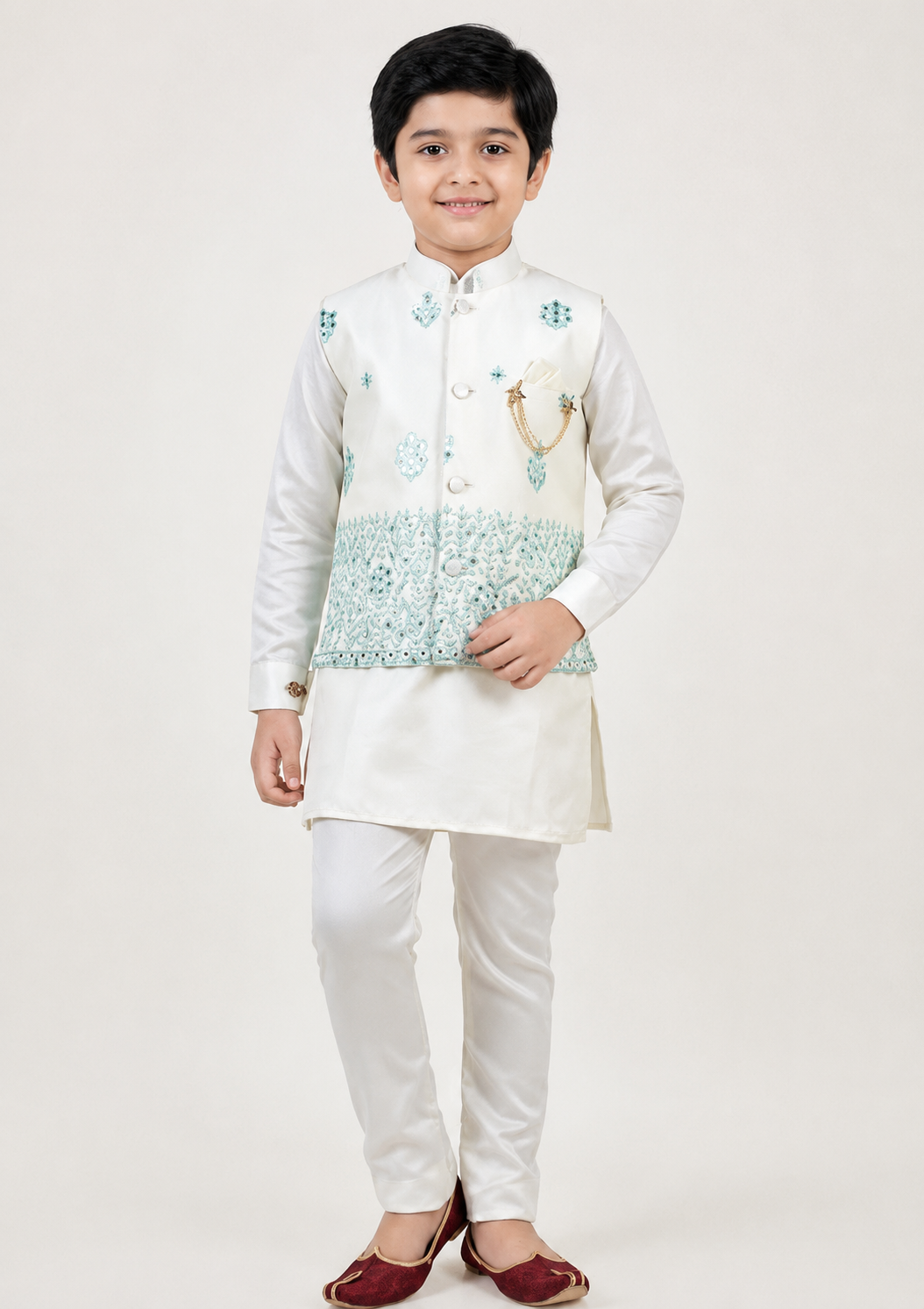 Royal Ivory & Mint Boys Kurta Pajama with Nehru Jacket