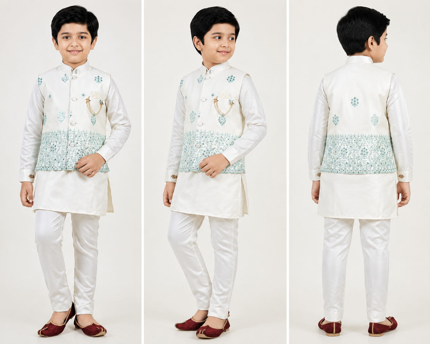 Royal Ivory & Mint Boys Kurta Pajama with Nehru Jacket - Image 2