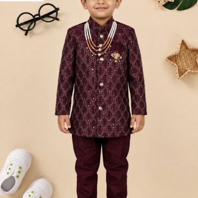 Royal Maroon Kids Kurta Pajama Set with Designer Jacket