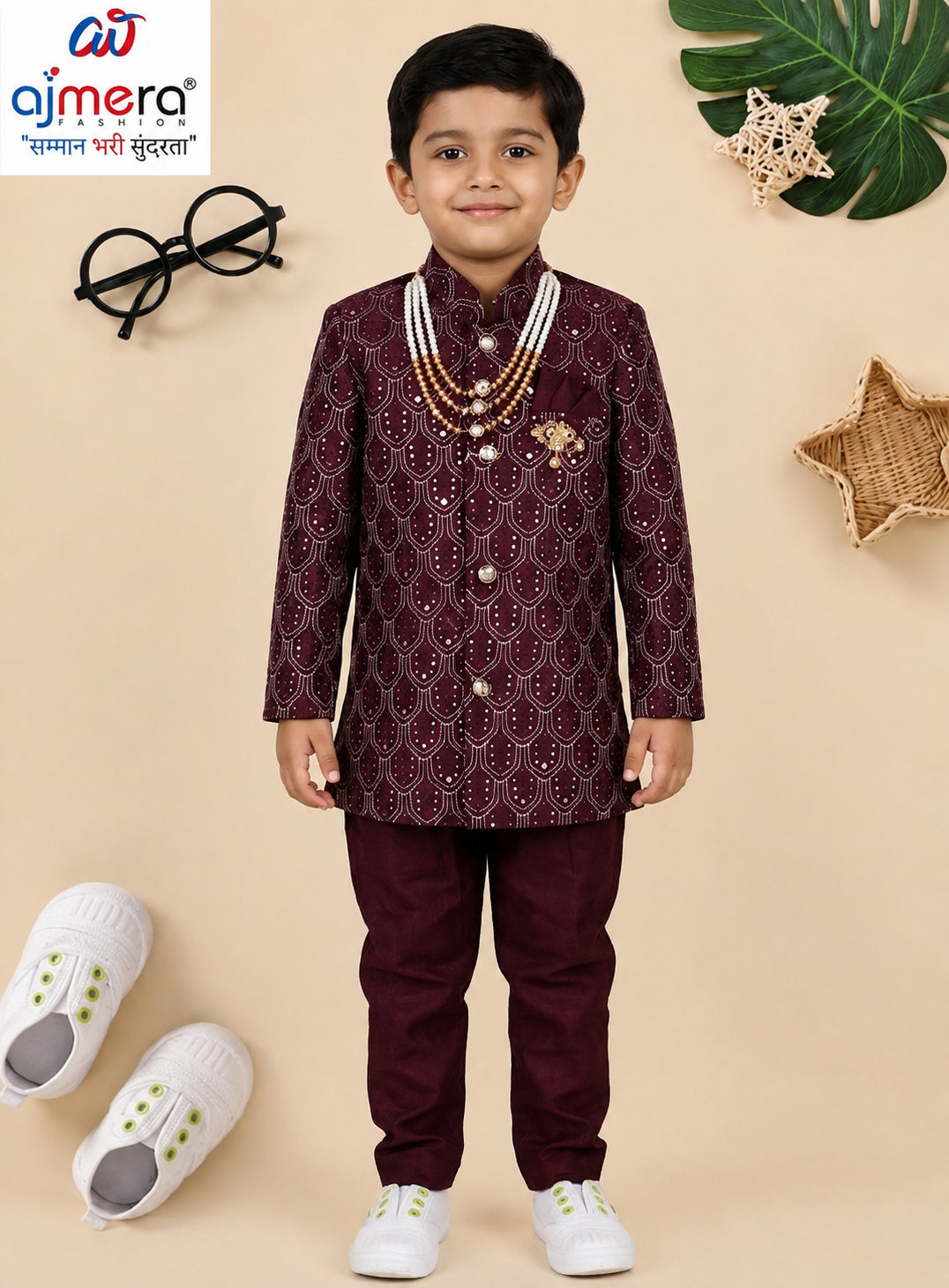 Royal Maroon Kids Kurta Pajama Set with Designer Jacket