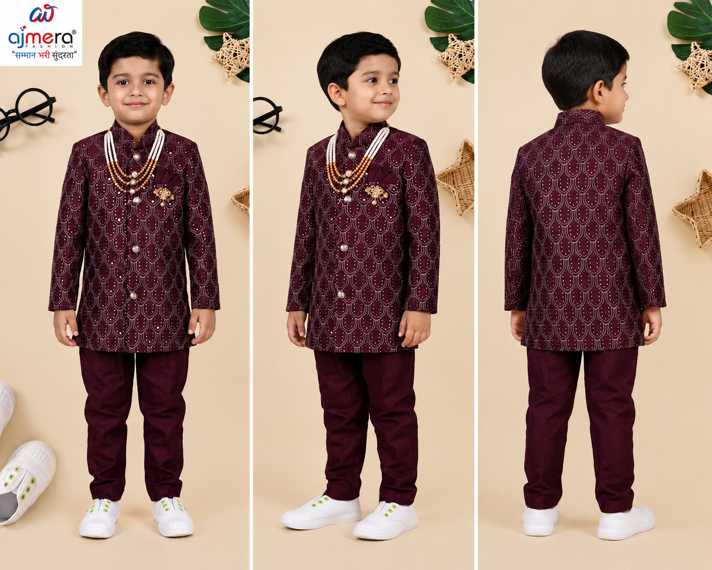Royal Maroon Kids Kurta Pajama Set with Designer Jacket - Image 2