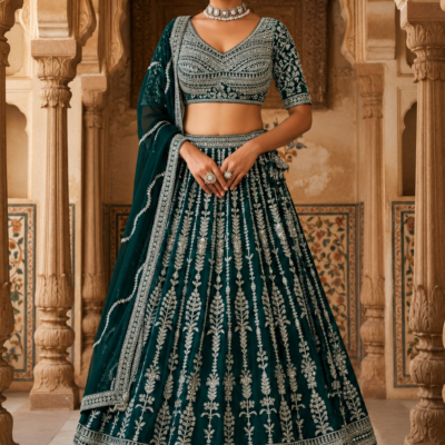 Designer Embroidered Emerald Green Lehenga Choli with Dupatta