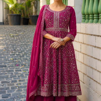 Designer Magenta Embroidered Anarkali Suit Set with Dupatta