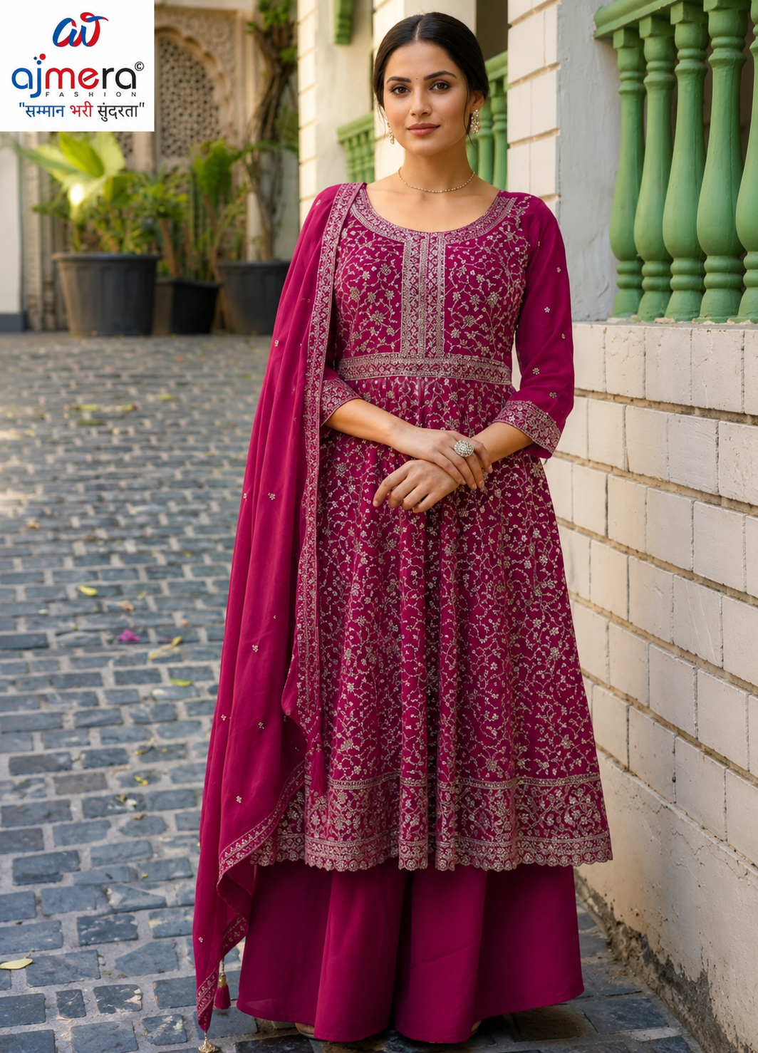 Designer Magenta Embroidered Anarkali Suit Set with Dupatta
