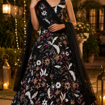 Black Floral Embroidered Designer Gown with Dupatta