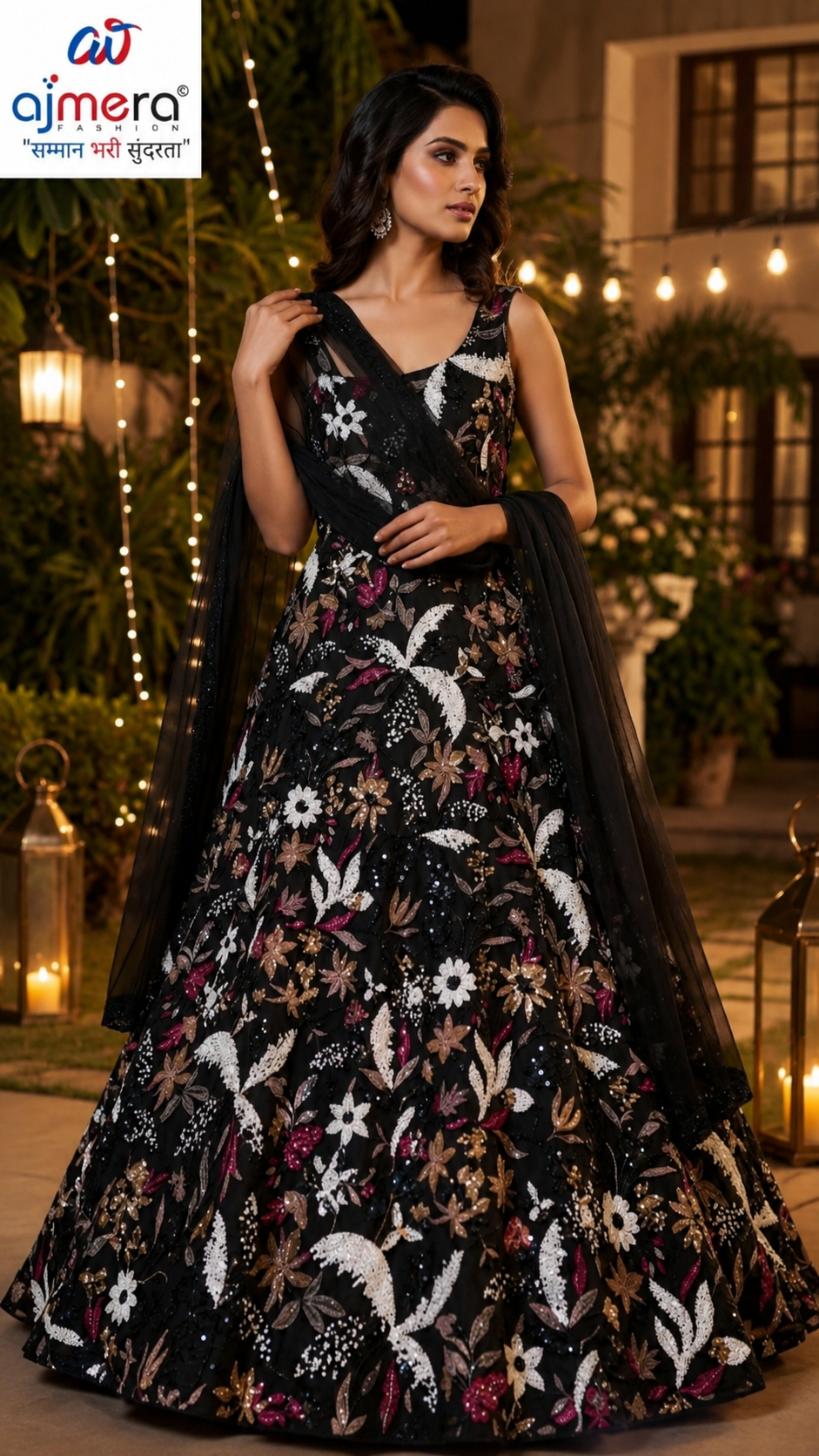 Black Floral Embroidered Designer Gown with Dupatta