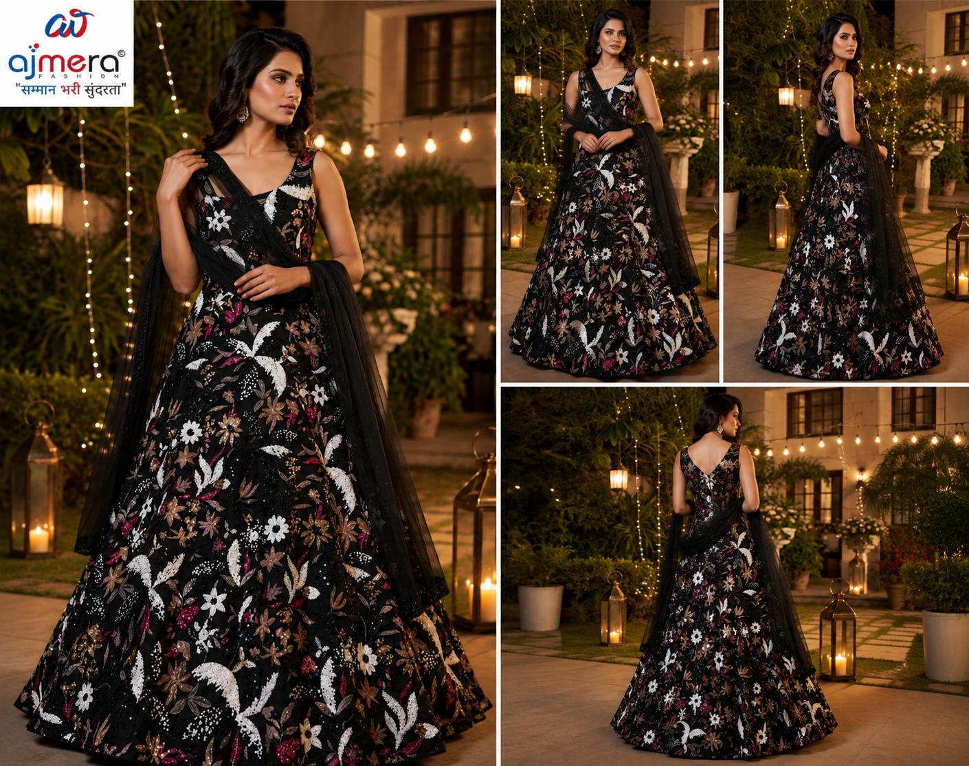 Black Floral Embroidered Designer Gown with Dupatta - Image 2