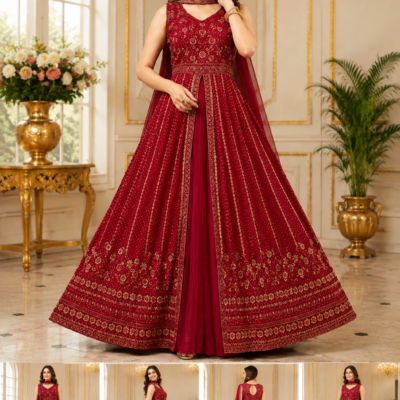 Maroon Designer Embroidered Anarkali Gown with Dupatta