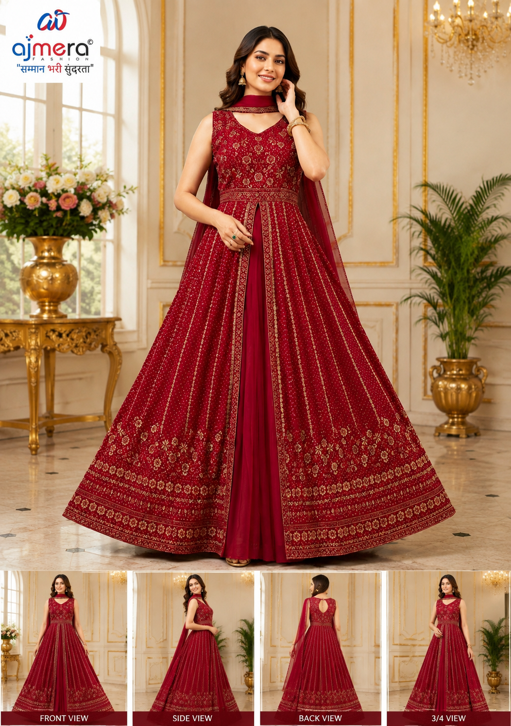 Maroon Designer Embroidered Anarkali Gown with Dupatta