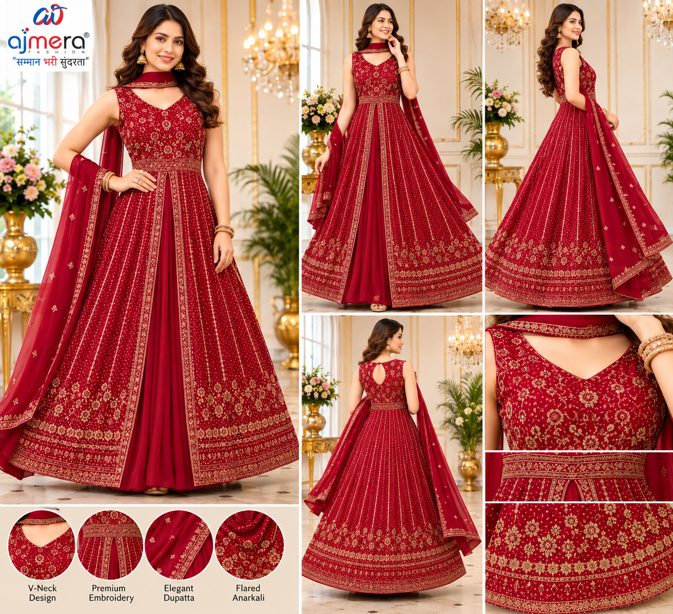 Maroon Designer Embroidered Anarkali Gown with Dupatta - Image 2