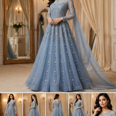 Powder Blue Designer Embroidered Anarkali Gown with Dupatta