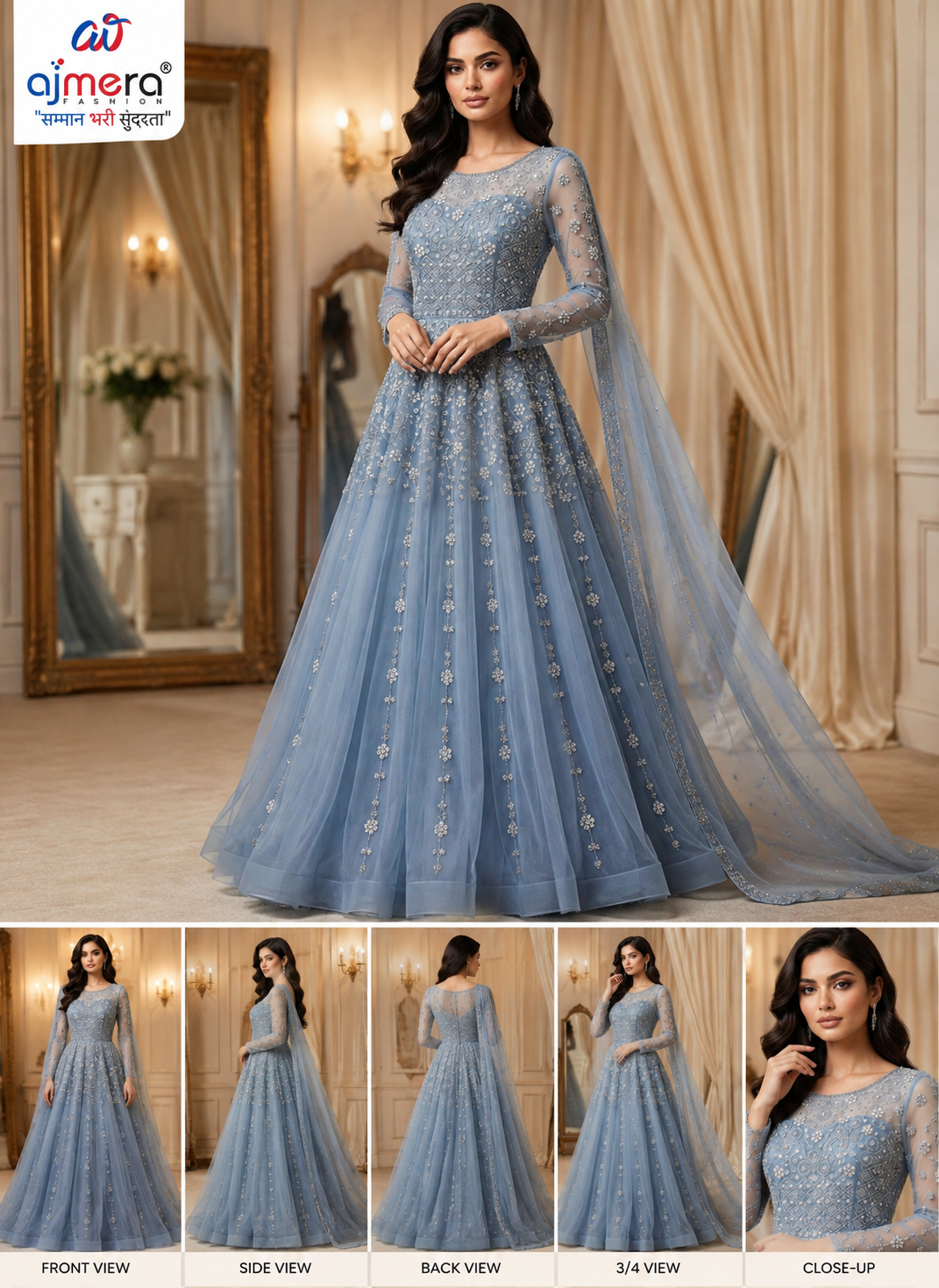 Powder Blue Designer Embroidered Anarkali Gown with Dupatta