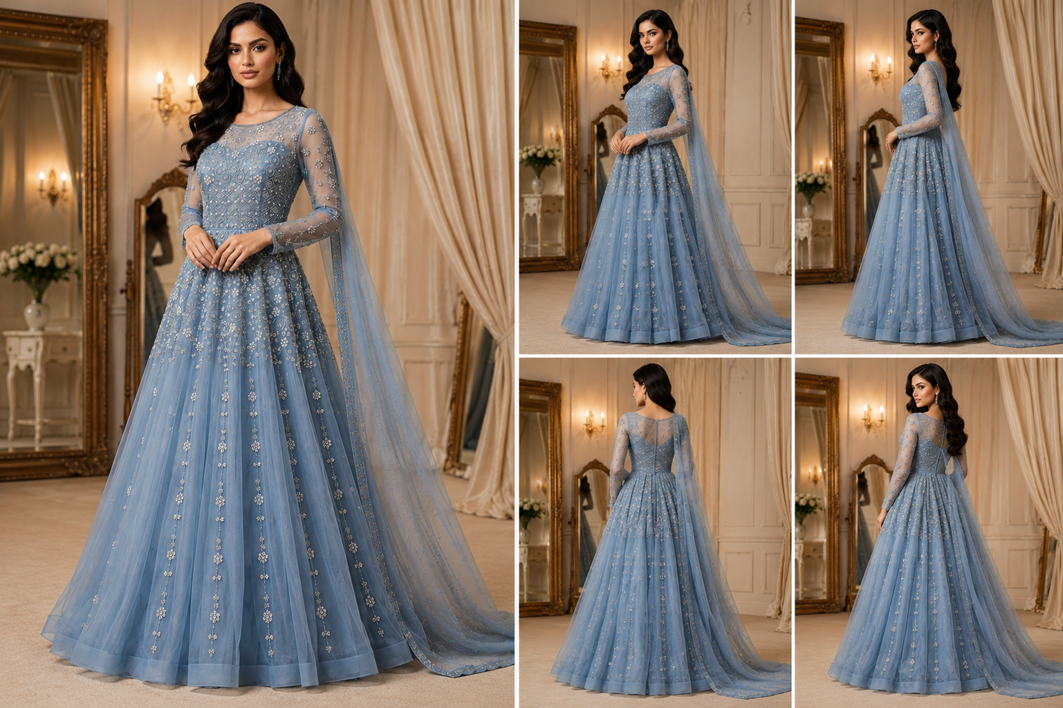 Powder Blue Designer Embroidered Anarkali Gown with Dupatta - Image 2