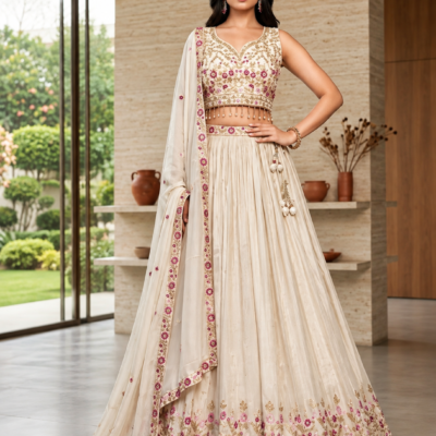 Ivory Pink Floral Embroidered Lehenga Choli with Dupatta