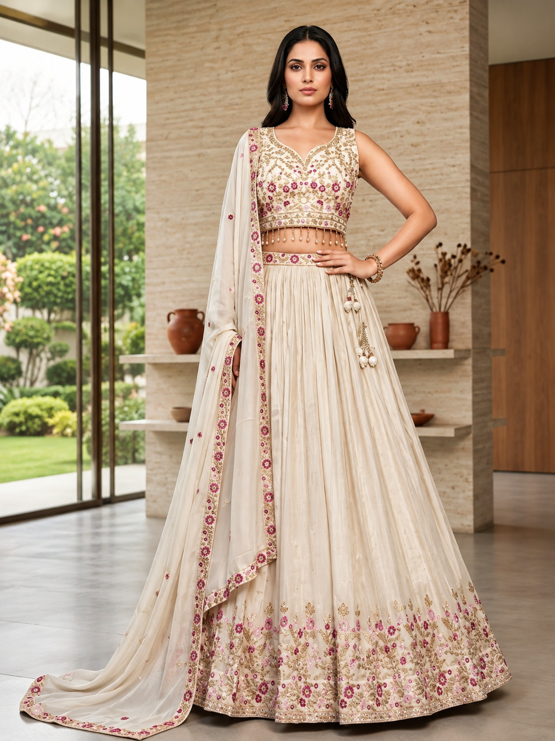 Ivory Pink Floral Embroidered Lehenga Choli with Dupatta