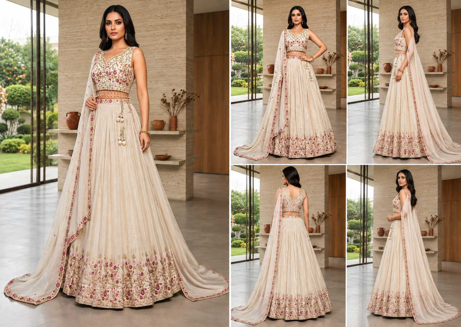 Ivory Pink Floral Embroidered Lehenga Choli with Dupatta - Image 2