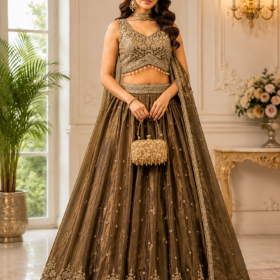 Chocolate Brown Designer Embroidered Lehenga Choli with Dupatta
