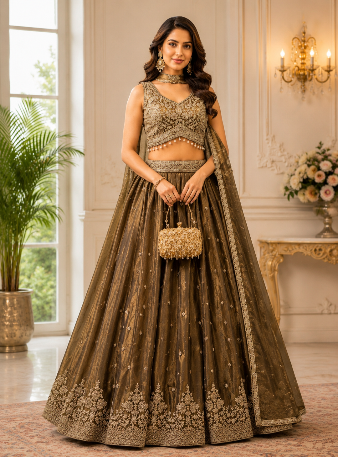 Chocolate Brown Designer Embroidered Lehenga Choli with Dupatta