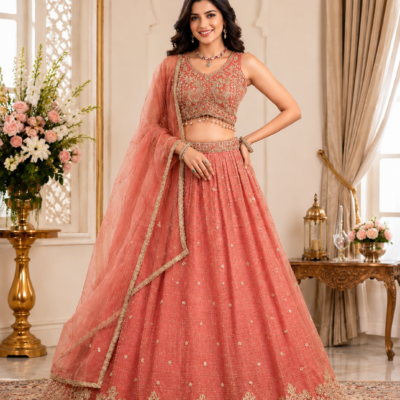 Coral Peach Designer Embroidered Lehenga Choli with Dupatta