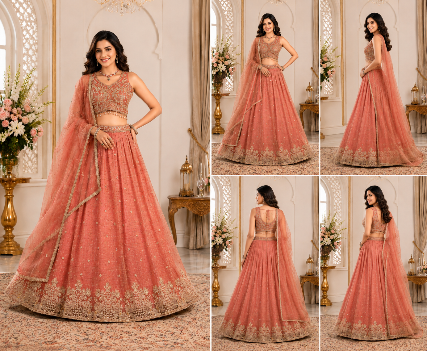 Coral Peach Designer Embroidered Lehenga Choli with Dupatta - Image 2