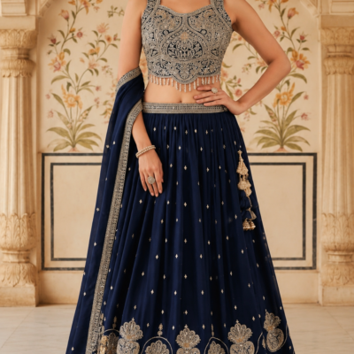 Navy Blue Silver Embroidered Designer Lehenga Choli