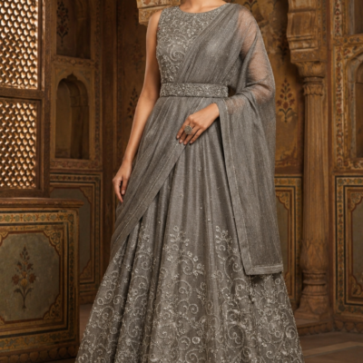Grey Silver Embroidered Designer Anarkali Gown with Dupatta