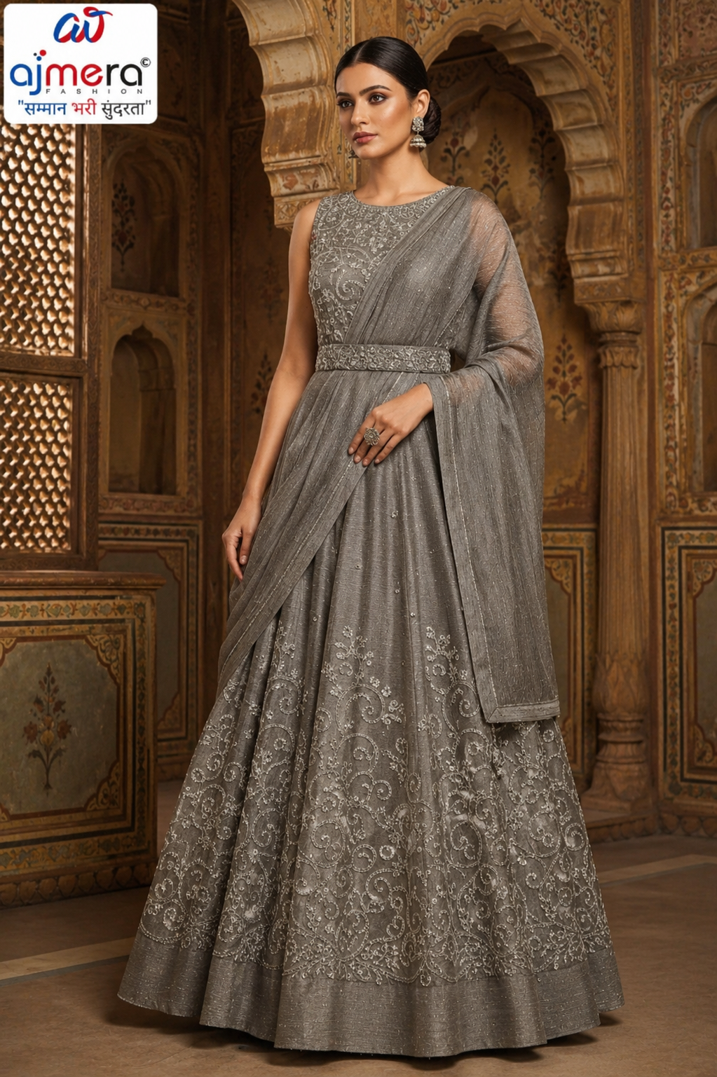 Grey Silver Embroidered Designer Anarkali Gown with Dupatta