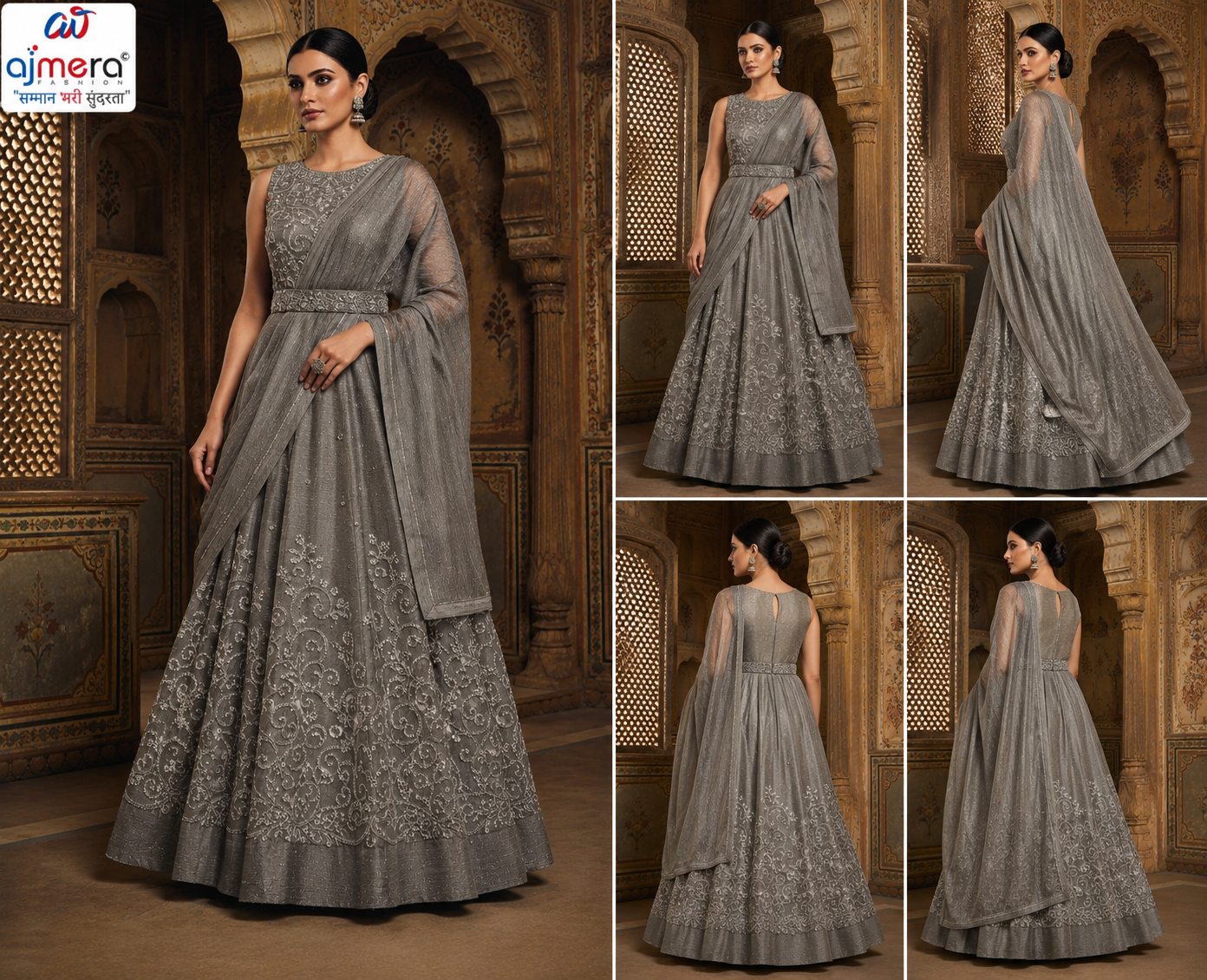 Grey Silver Embroidered Designer Anarkali Gown with Dupatta - Image 2