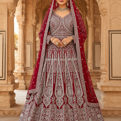 Maroon Bridal Embroidered Lehenga Choli with Dupatta