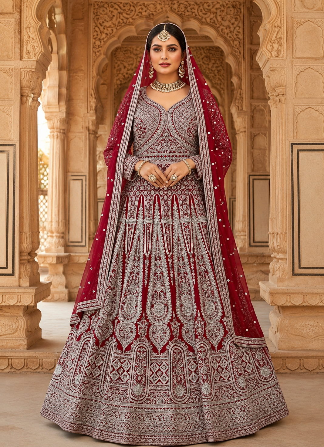 Maroon Bridal Embroidered Lehenga Choli with Dupatta