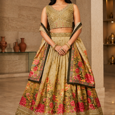 Olive Gold Floral Embroidered Designer Lehenga Choli