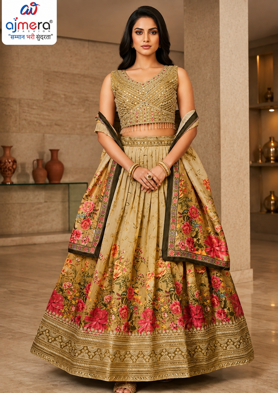 Olive Gold Floral Embroidered Designer Lehenga Choli