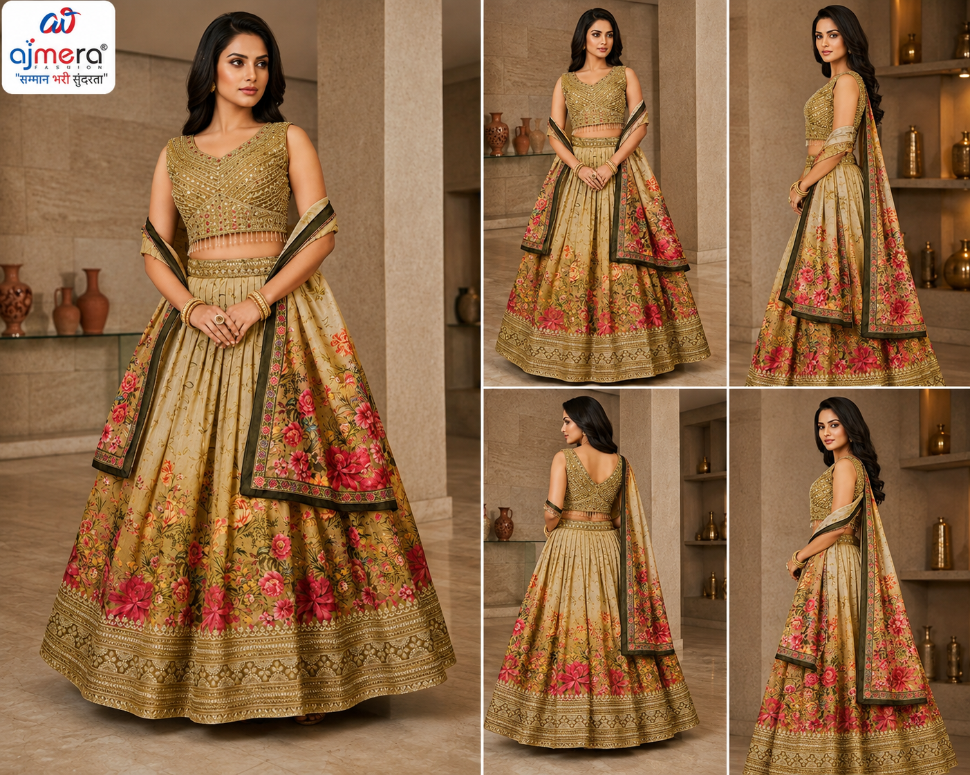 Olive Gold Floral Embroidered Designer Lehenga Choli - Image 2