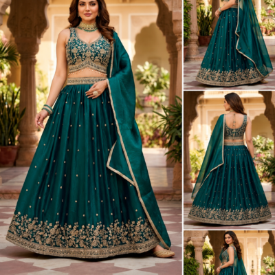 Teal Green Gold Embroidered Designer Lehenga Choli