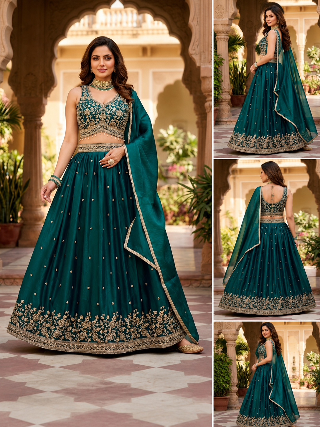 Teal Green Gold Embroidered Designer Lehenga Choli