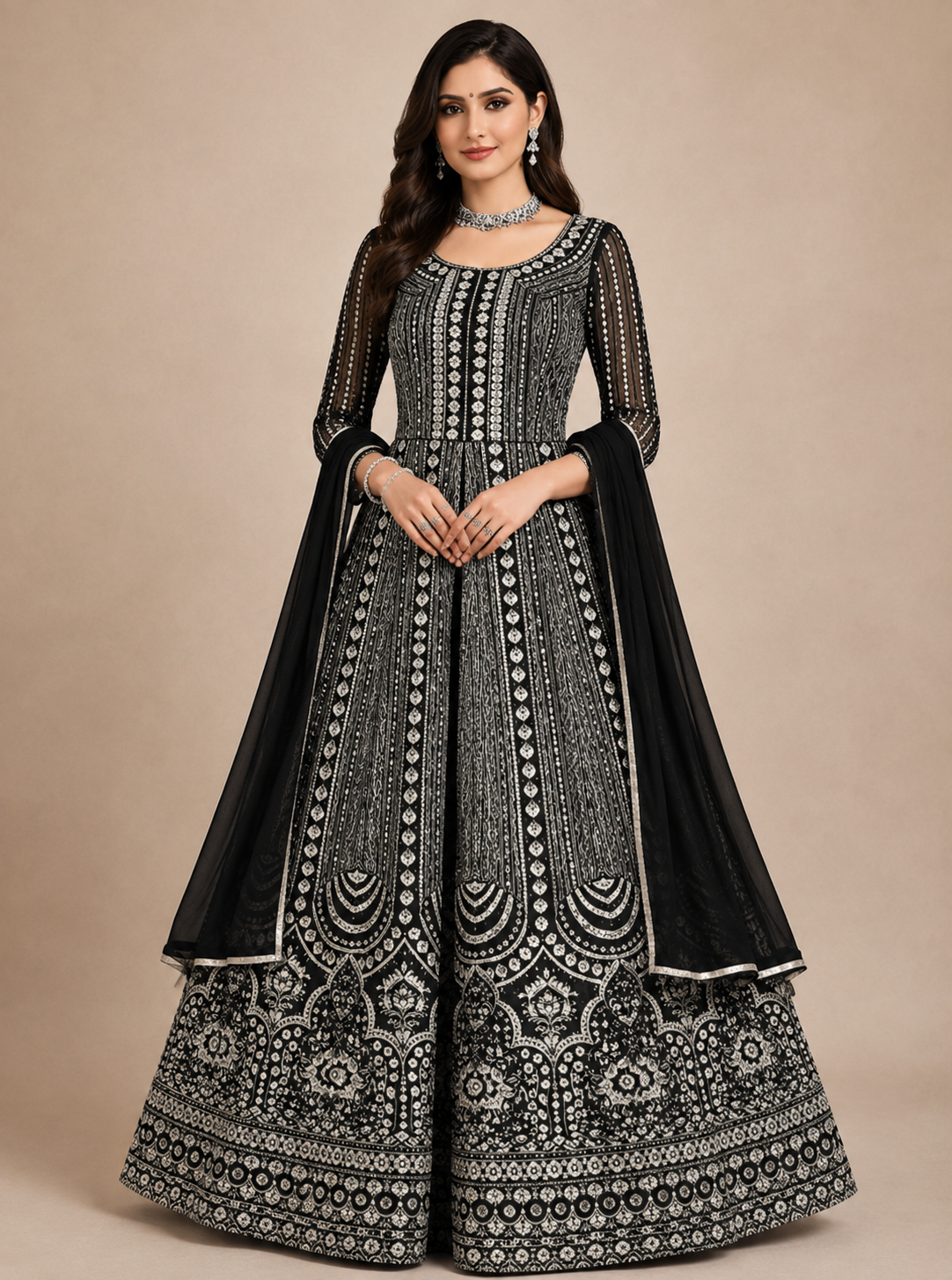 Black & Silver Embroidered Designer Anarkali Gown
