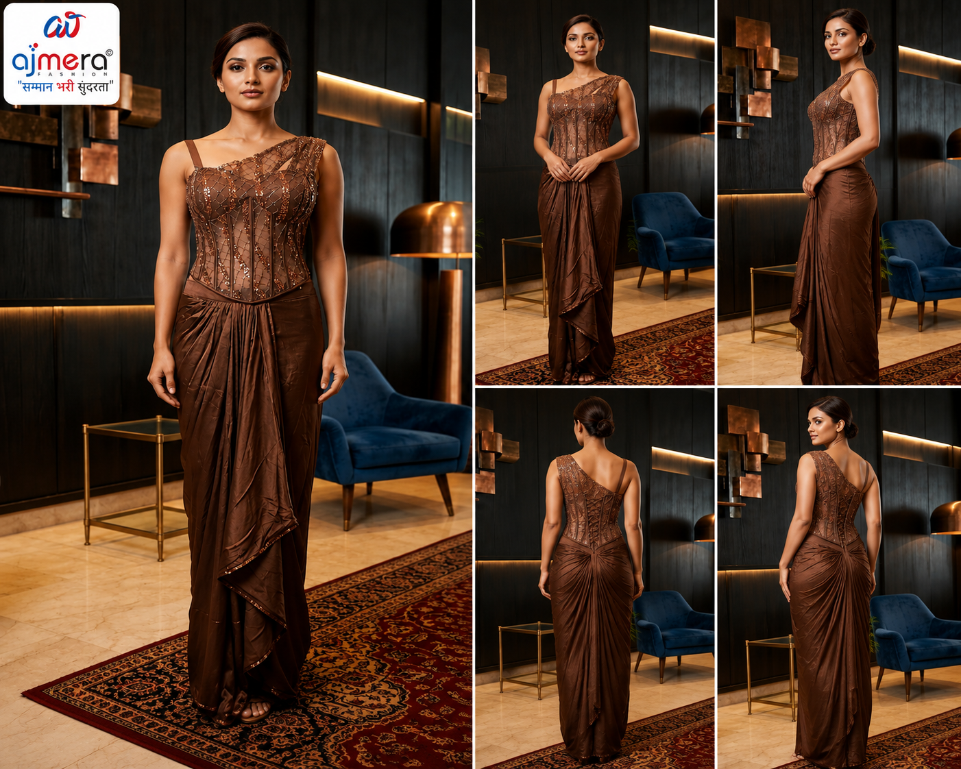 Chocolate Brown One-Shoulder Corset Saree Gown - Image 2