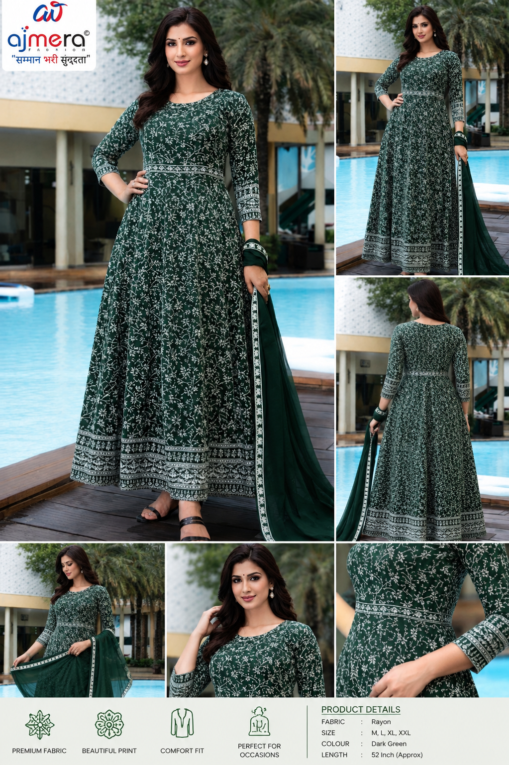 Dark Green Floral Printed Anarkali Suit with Dupatta - Image 2