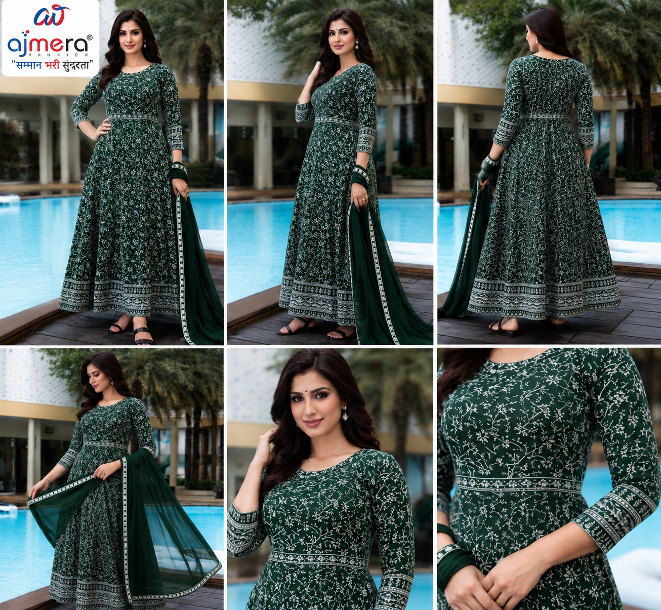 Dark Green Floral Printed Anarkali Suit with Dupatta - Image 3