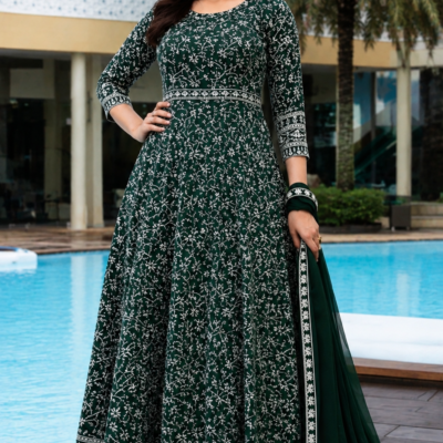 Dark Green Floral Printed Anarkali Suit with Dupatta