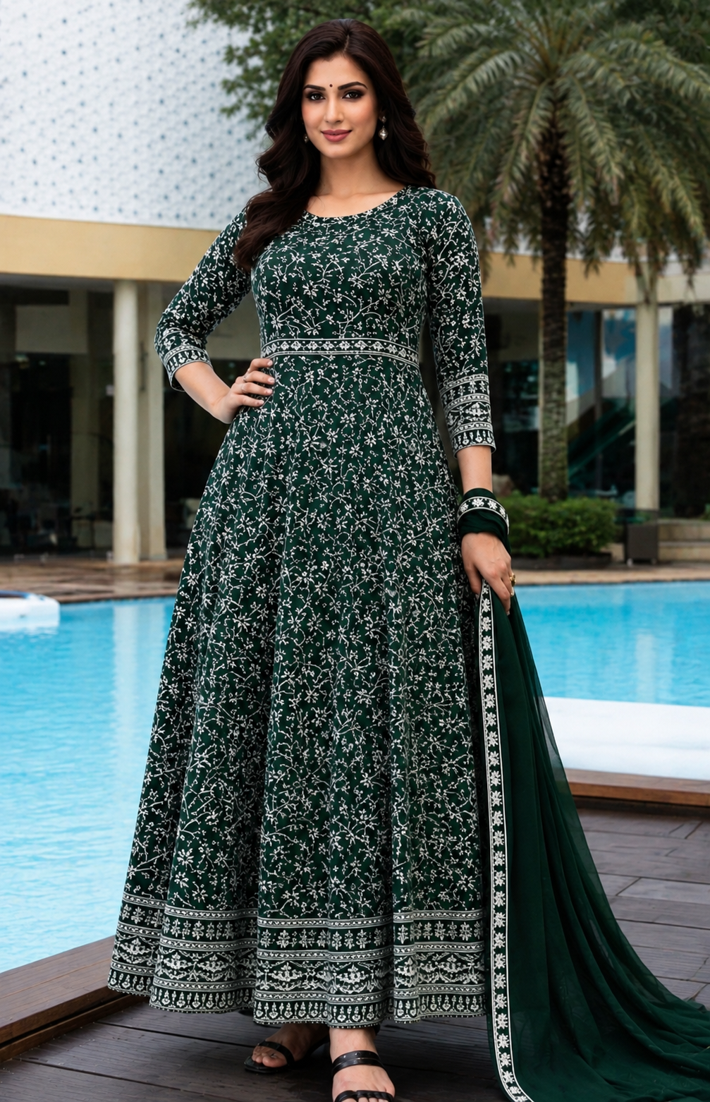 Dark Green Floral Printed Anarkali Suit with Dupatta