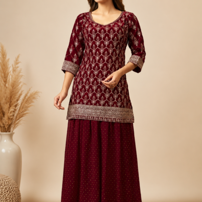 Maroon Printed Kurta & Sharara Set with Dupatta