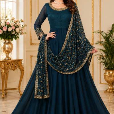 eal Blue Embroidered Anarkali Suit with Designer