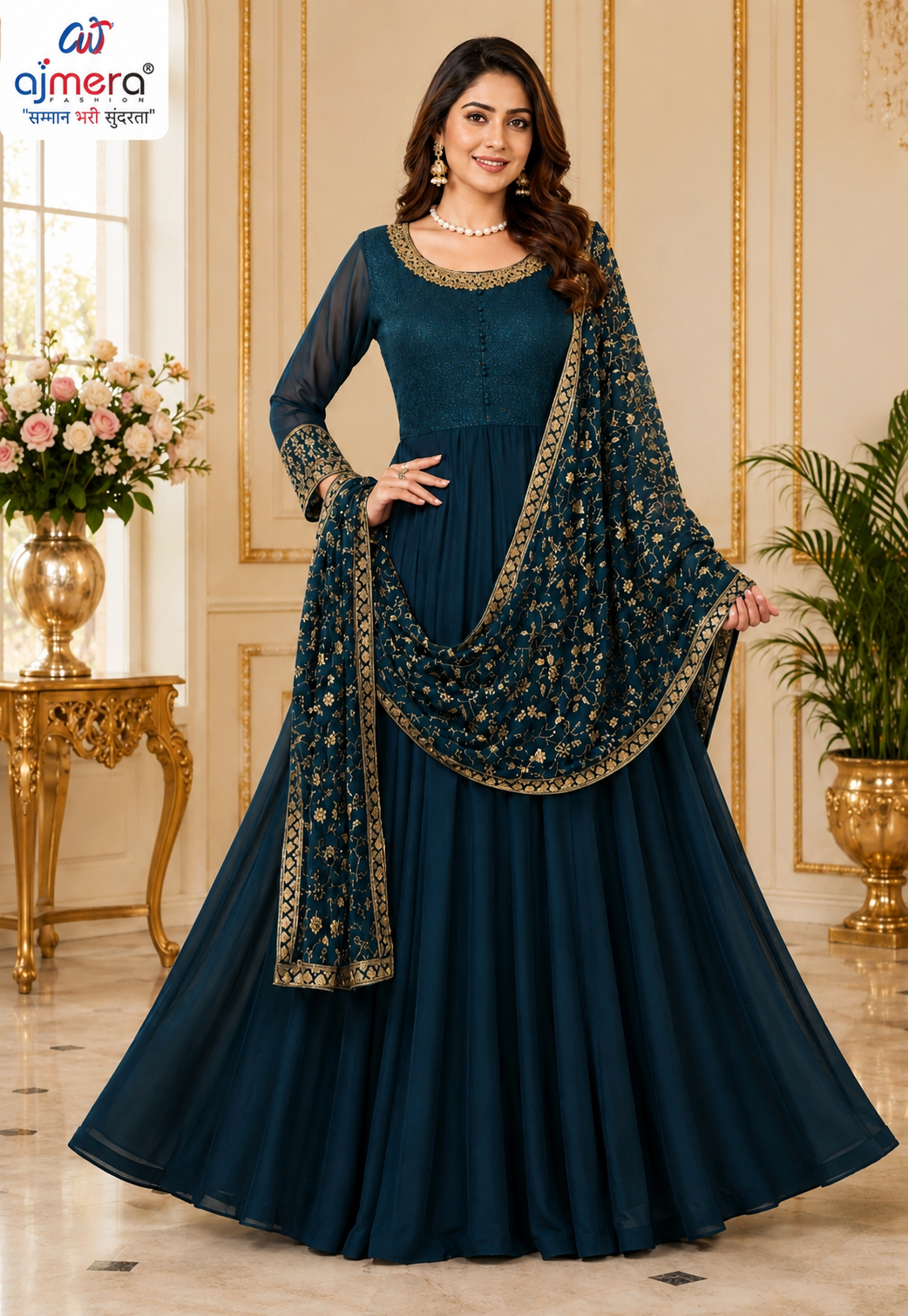 eal Blue Embroidered Anarkali Suit with Designer